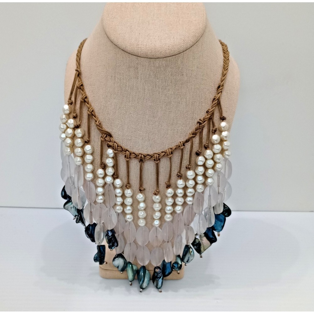 Chico's Statement Necklace Pearl Lucite Shell Bib Boho‎ Resort Adjustable